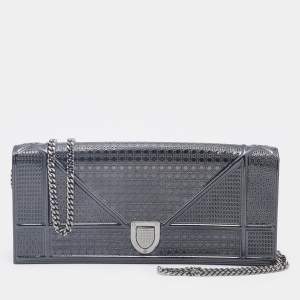 Pre Owned Dior Metallic Grey Cannage Leather Diorama Chain Clutch