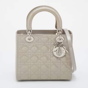 Pre Owned حقيبة يد توتس ديور ليدي ديور جلد كاناج رصاصي فاتح لامع متوسطة