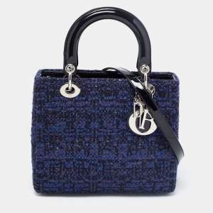 Pre Owned Dior Blue Tweed and Leather Medium Lady Dior Tote