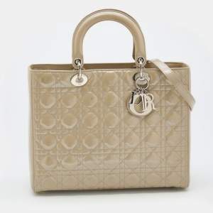 Dior Light Olive Cannage Patent Leather Large Lady Dior Tote