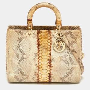 Pre Owned Dior Beige/Gold Python Large Lady Dior Tote