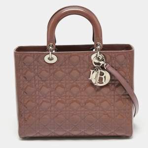 Pre Owned Dior Old Rose Cannage Patent Leather Large Lady Dior Tote