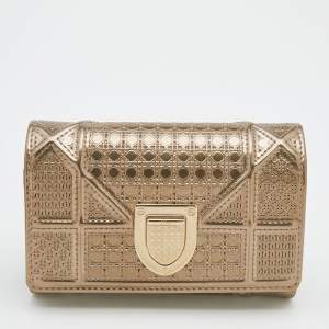 Pre Owned Dior Gold Micro Cannage Patent Leather Diorama Trifold Wallet