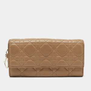 Pre Owned Dior Beige Quilted Leather Lady Dior Wallet 