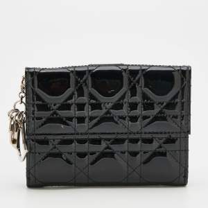 Pre Owned Dior Black Cannage Patent Leather Lady Dior Compact Wallet