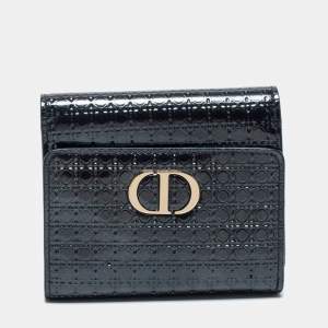 Pre Owned Dior Dark Grey Micro Cannage Patent Leather 30 Montaigne Trifold Wallet