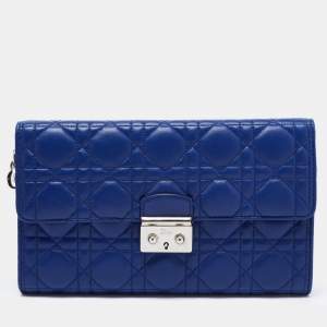 Pre Owned Dior Blue Cannage Leather Rendezvous Continental Wallet