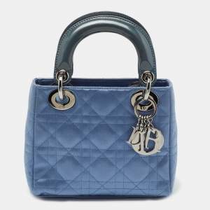 Pre Owned Dior Blue Cannage Satin and Patent Leather Mini Lady Dior Tote