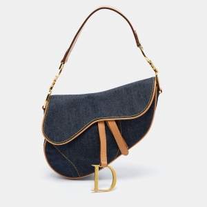 Pre Owned Dior Blue/Beige Denim and Leather Saddle Bag