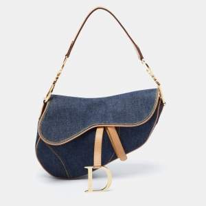 Pre Owned Dior Blue/Beige Denim and Leather Saddle Bag