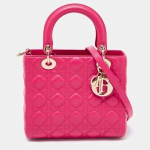 Dior Fuchsia Cannage Leather Medium Lady Dior Tote 