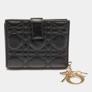 Pre Owned Dior Black Cannage Leather Lady Dior French Compact Wallet