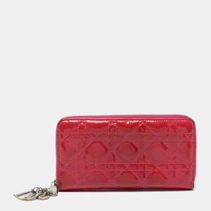Dior Pink Patent Leather Lady Dior Zip Around Wallet