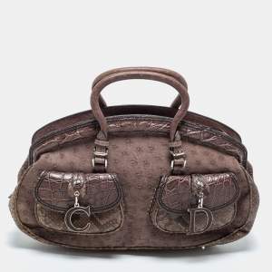 Pre Owned Dior Brown Ostrich,Croc and Snakeskin Limited Edition 0019 Detective Satchel