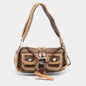 مملوكة مسبقًا Dior Brown/Beige Leather and Shearling Flight Baguette Bag