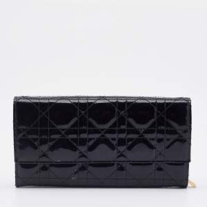 Pre Owned Dior Black Cannage Patent Leather Lady Dior Wallet 