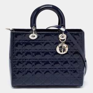Dior Navy Blue Cannage Patent Leather Large Lady Dior Tote