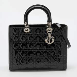 Pre Owned Dior Black Cannage Patent Leather Large Lady Dior Tote