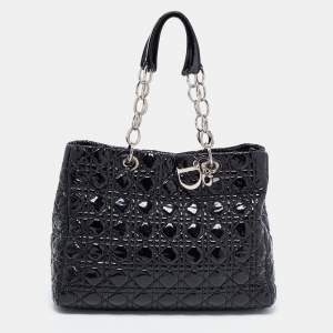 Dior Black Cannage Patent Leather Lady Dior Shopper Tote