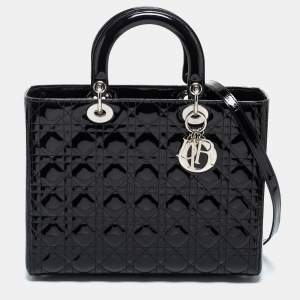 Dior Black Cannage Patent Leather Large Lady Dior Tote