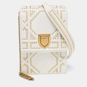 Pre Owned Dior White Studded Leather Diorama Crossbody Bag