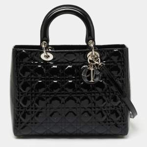 Dior Black Cannage Patent Leather Large Lady Dior Tote