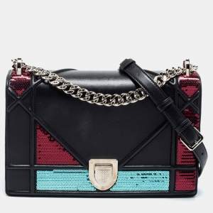 Pre Owned Dior Tri Color Leather and Sequins Medium Diorama Flap Shoulder Bag