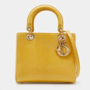 Pre Owned Dior Yellow Python Medium Lady Dior Tote