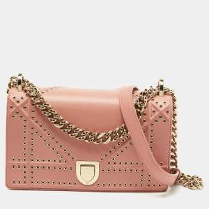 Pre Owned Dior Pink Studded Leather Small Diorama Shoulder Bag