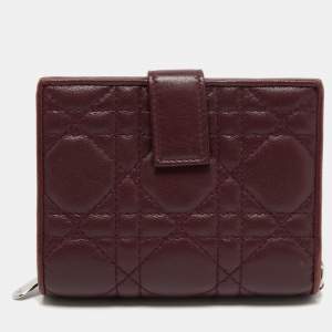 Pre Owned Dior Burgundy Cannage Leather Lady Dior Compact French Wallet