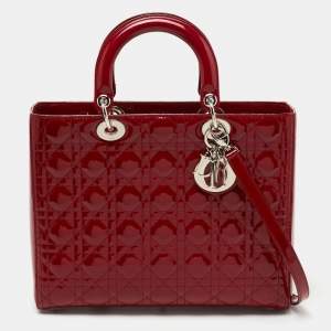 Dior Red Cannage Patent Leather Large Lady Dior Tote