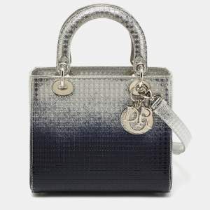 Dior Silver/Blue Ombre Micro Cannage Patent Leather Medium Lady Dior Tote