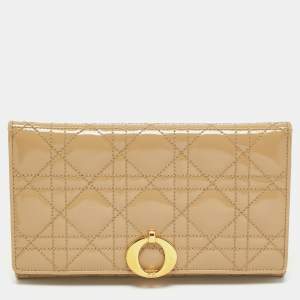 Pre Owned Dior Beige Cannage Patent Leather Continental Wallet