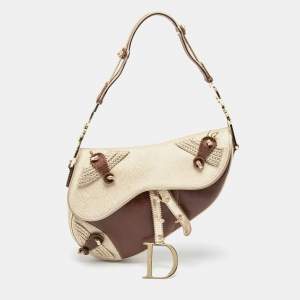 Pre Owned Dior Beige/Brown Leather and Fabric Limited Edition Saddle Bag