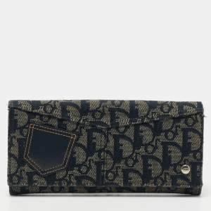 Pre Owned Dior Blue Denim Oblique Canvas and Leather Trim Continental Wallet