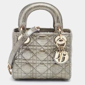 Dior Metallic Grey Python Leather Mini Lady Dior Tote