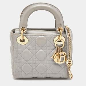 Pre Owned Dior Grey Cannage Quilted Leather Mini Lady Dior Bag
