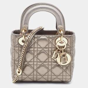 Dior Metallic Grey Cannage Leather Mini Lady Dior Tote