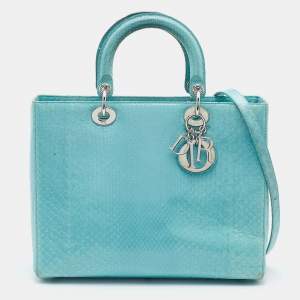 Pre Owned Dior Light Blue Python Leather Large Lady Dior Tote