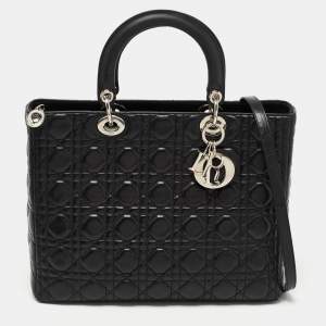 Pre Owned Dior Black Cannage Leather Large Lady Dior Tote