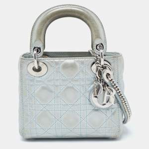 Dior Mint Green Cannage Shimmering Leather Mini Lady Dior Tote