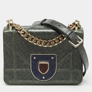 Pre Owned Dior Green Crackled Patent Leather Mini Diorama Chain Bag