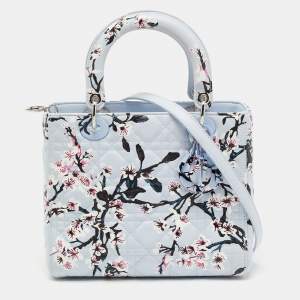 Dior Blue Floral Print Leather Medium Lady Dior Tote