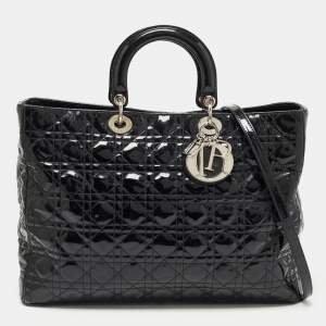 Pre Owned Dior Black Cannage Patent Leather Extra Large Lady Dior Tote