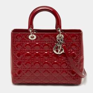 Pre Owned Dior Red Cannage Patent Leather Large Lady Dior Tote