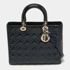 Dior Blue Cannage Patent Leather Large Lady Dior Tote