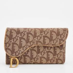 Pre Owned Dior Beige/Brown Oblique Canvas and Leather Saddle Wallet