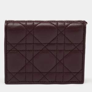 Pre Owned Dior Burgundy Cannage Leather Lady Dior Flap Card Case