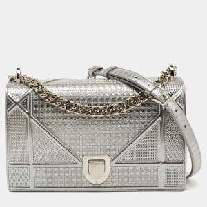 Dior Silver Micro Cannage Patent Leather Medium Diorama Shoulder Bag