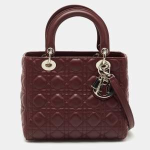 Pre Owned Dior Burgundy Cannage Leather Medium Lady Dior Tote